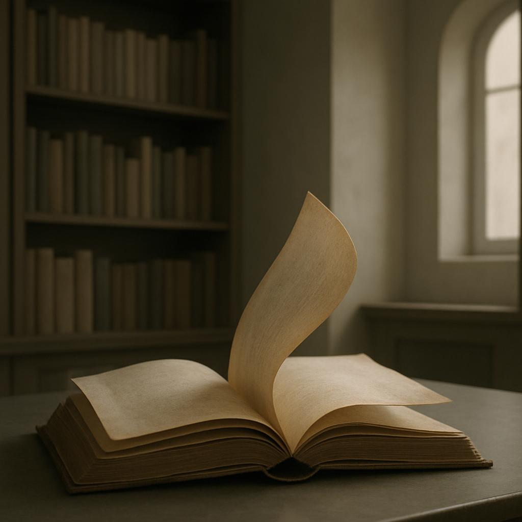 No open book on chair. Book with raised page. Book with thick tan pages open on table in front of blur background book she...