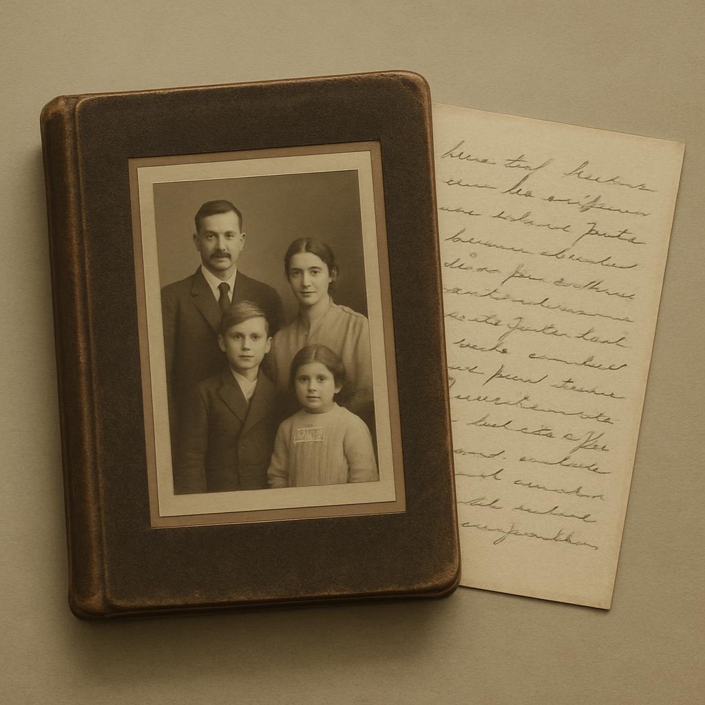 Old family photo of four individuals and handwritten note in an antique book-style album.